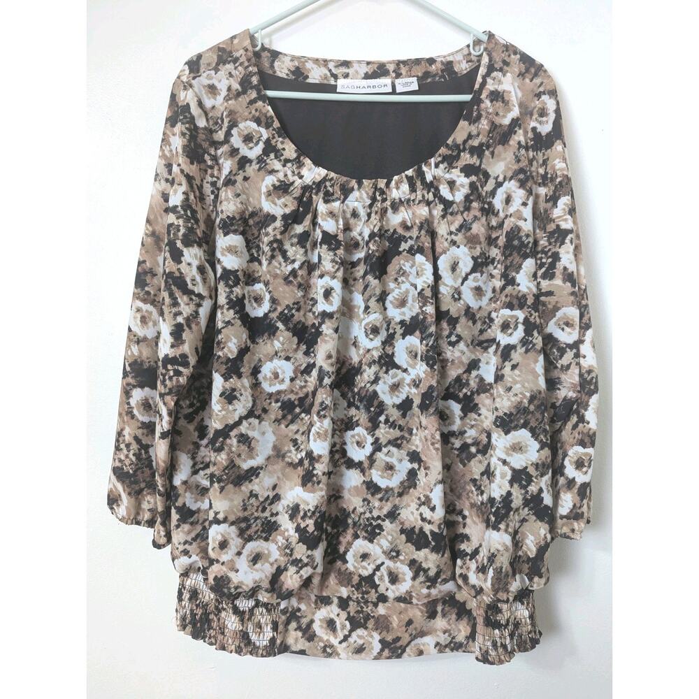 Sag Harbor Womens Brown Floral Blouse Size XL Lined Elastic Waist Cuffs
